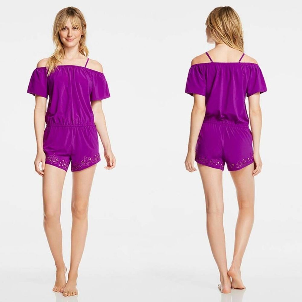 FABLETICS Purple Violet Prue Eyelit Off the Shoulder Romper in Tulip Size: Small